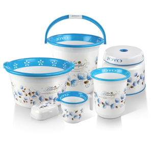 JOYO BETTER HOME SET OF 6 BUCKET, JUG, TUB, BIN, STOOL, SOAP DISPENSER BLUE