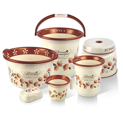 JOYO BETTER HOME SET OF 6 BUCKET, JUG, TUB, BIN, STOOL, SOAP DISPENSER BROWN