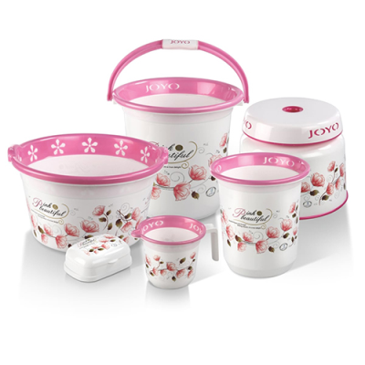 JOYO BETTER HOME SET OF 6 BUCKET, JUG, TUB, BIN, STOOL, SOAP DISPENSER PINK