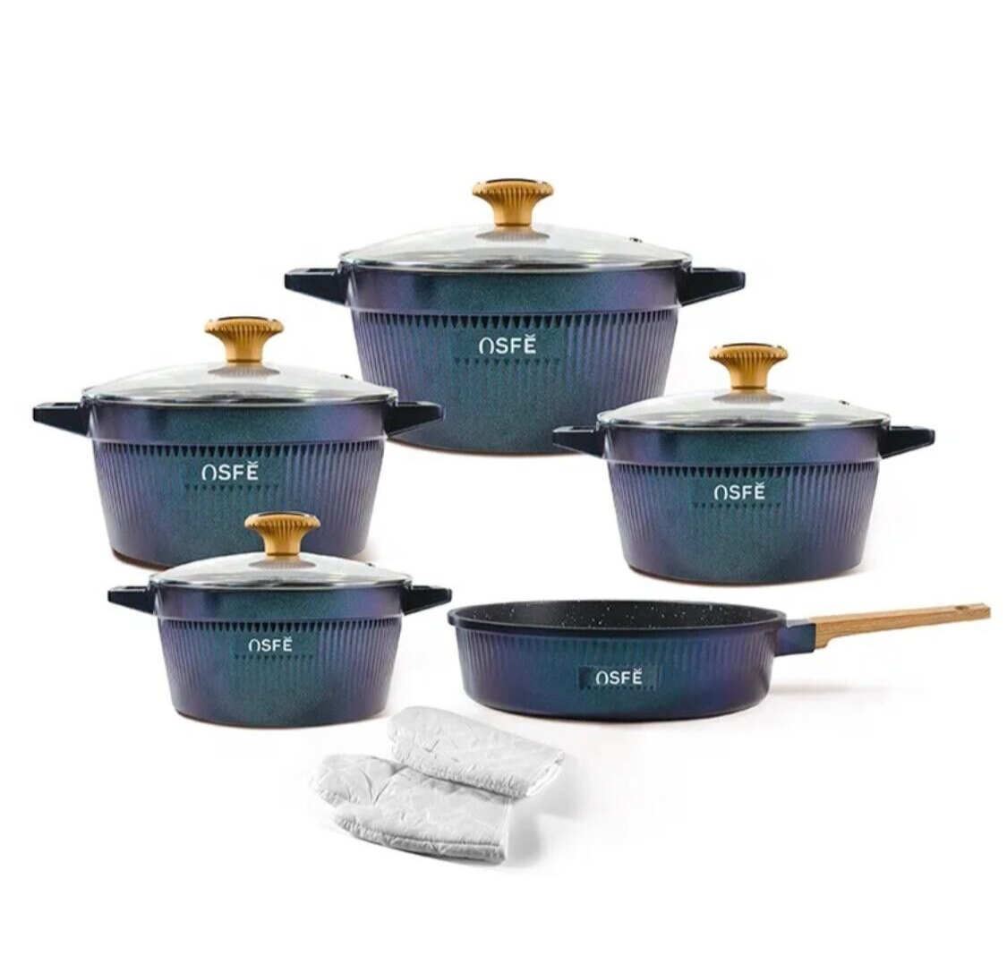 11 Piece Kitchen Cookware Set Nonstick with Glass lid and Pair of Gloves