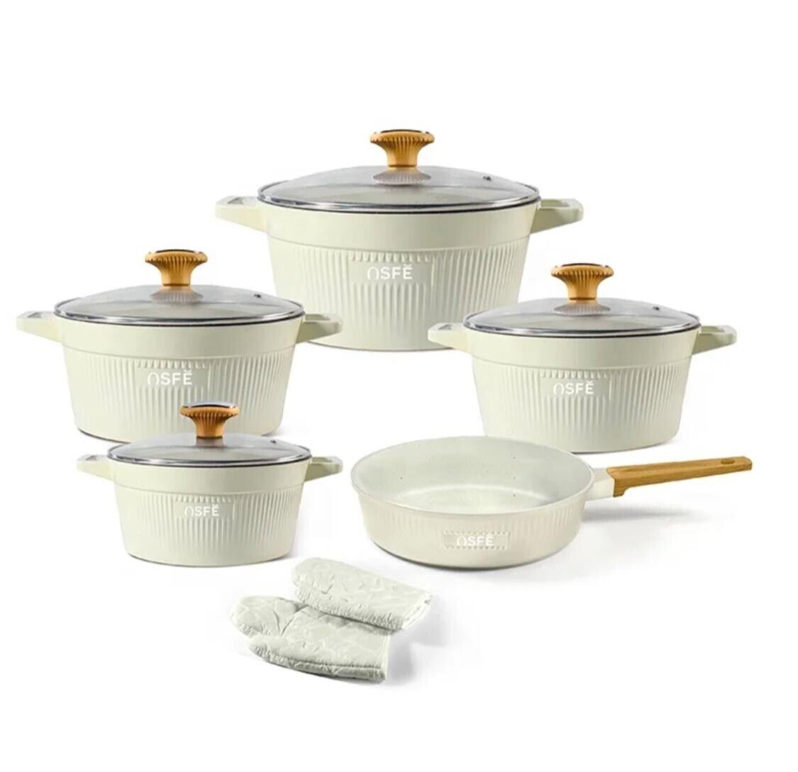 11 Piece Kitchen Cookware Set Nonstick with Glass lid and Pair of Gloves