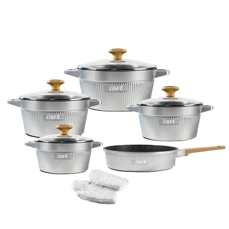 11 Piece Kitchen Cookware Set Nonstick with Glass lid and Pair of Gloves